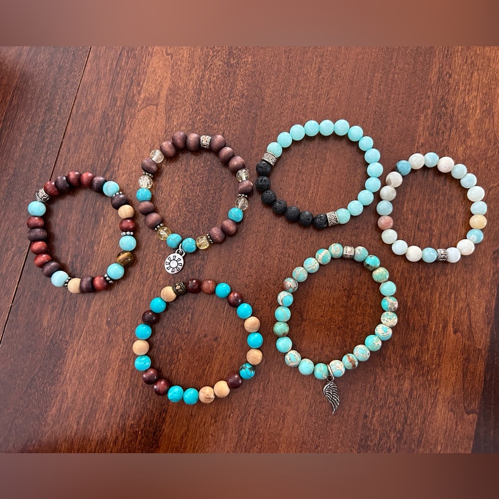 Lot of 5 natural gemstone, wood and lava bead bracelets